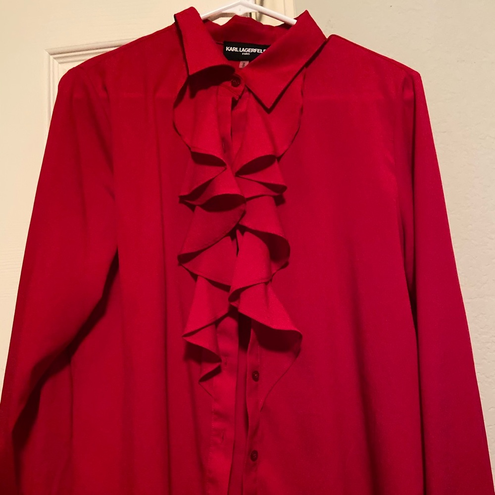 Karl Lagerfeld Ruffle Button-Up Blouse-Red